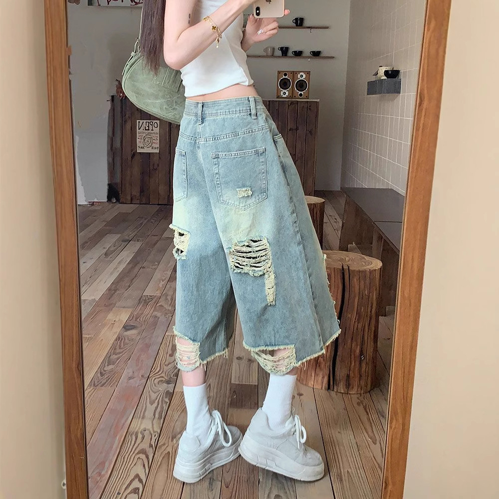Vintage Design Sense Ripped Cropped Jeans 2025 Summer New High Waist Slimming All-match Loose Wide-leg Pants for Women