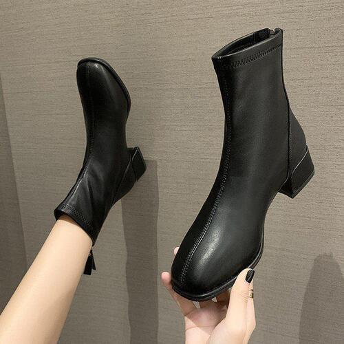 Square-toed short boots, single boots, small booties, women's thick heels, all-match spring and autumn  Korean style winter new style, velvet white