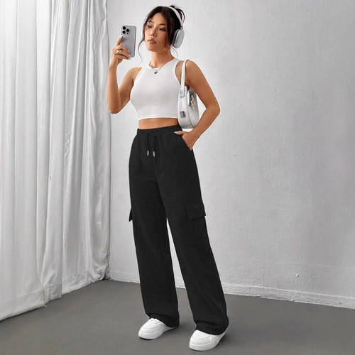 Men's and Women's Drawstring Spring and Autumn Wide Leg Loose New Style Multifunctional Pocket Sport Pants with Waistband