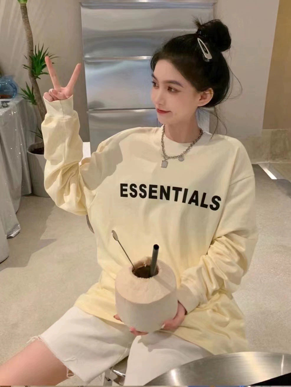 [FEAR OF GOD FG新款ESSENTIALS复线前面字母潮牌高街长袖T恤男式]