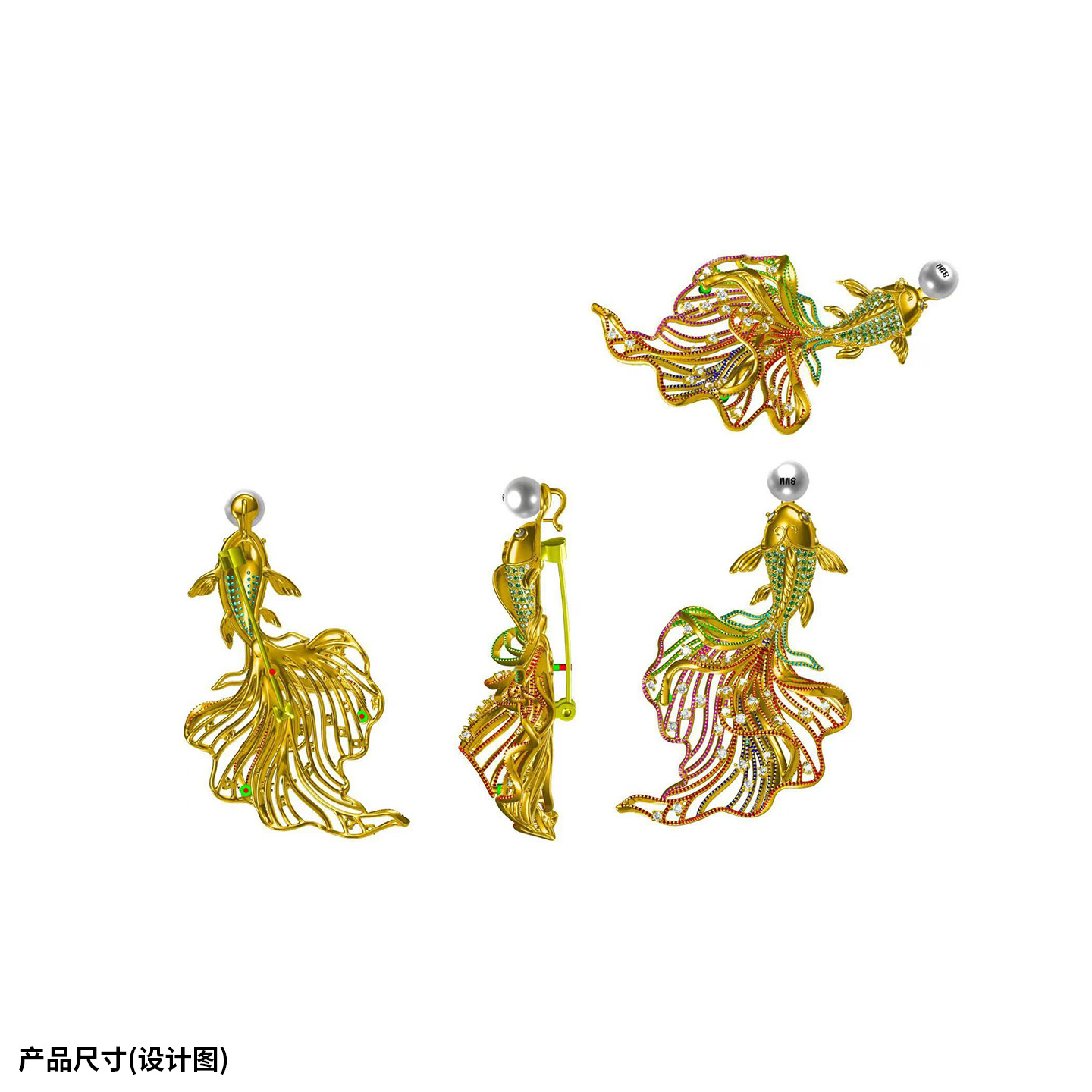 DIY accessories, Chinese-style enamel koi fish brooch, 3D gold-plated fish tail, cubic zirconia pin, pearl brooch setting