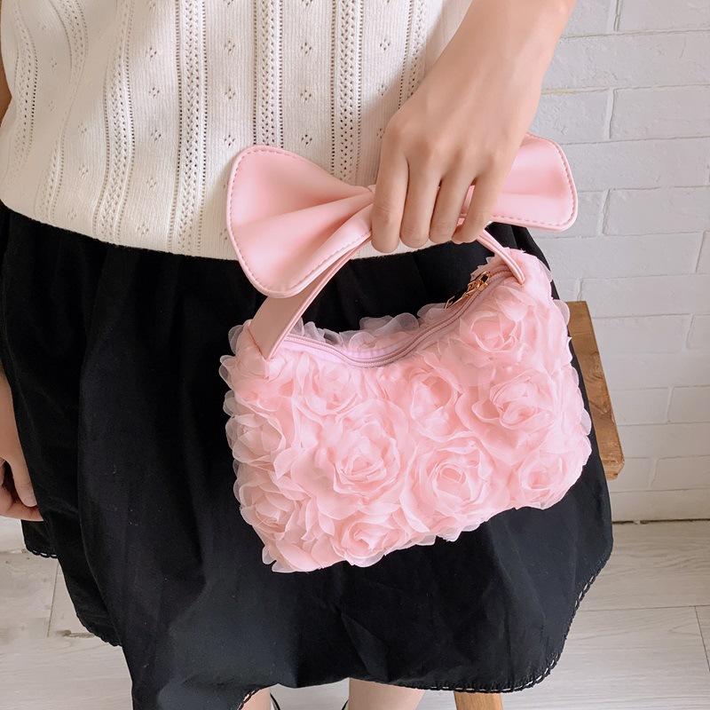 Cross-Border Foreign Trade Children's Bag, Stylish and Fresh Bowknot Handbag, 2026 New Model Mesh Rose Flower Shoulder Bag