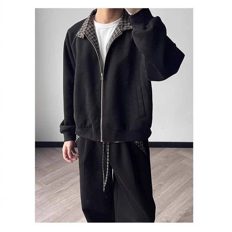 Elegant Plaid Splicing Harrington Casual Jacket Men's Loose Trendy Couple Baseball Jacket Short Spring and Autumn