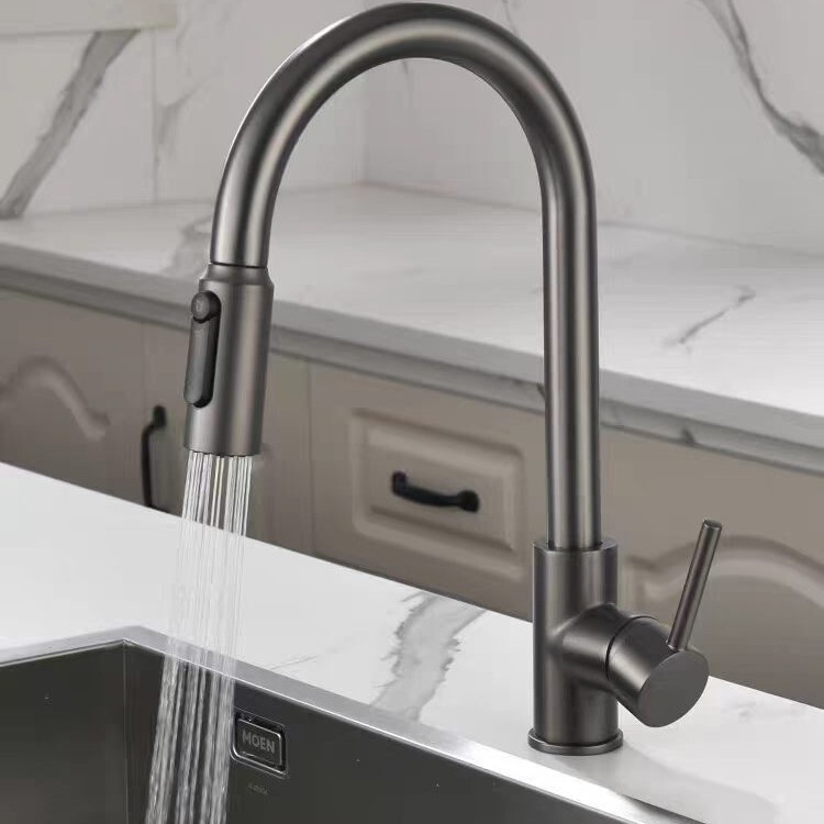 All-copper three-in-one rotating kitchen faucet, hot and cold sink faucet for home use, pull-out type faucet