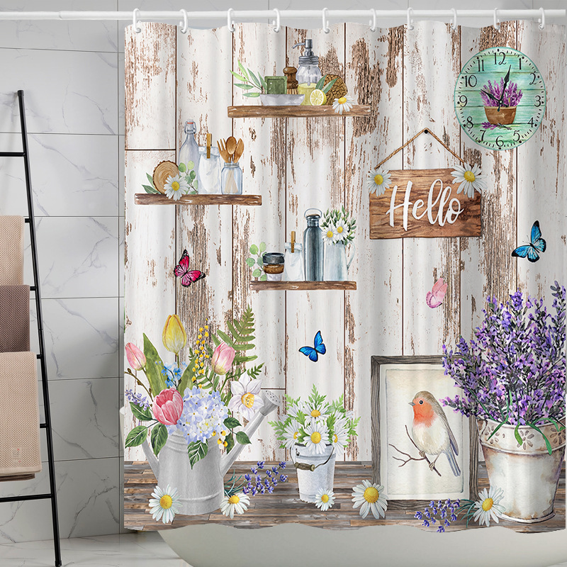 Wooden Door Shower Curtain Amazon Direct Sales Digital Polyester Printing Farmhouse Wooden Valley Door Waterproof Bathroom Partition Curtain