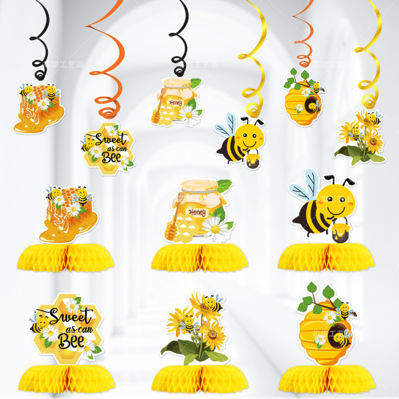 Cross-border bee theme party spiral pendant bee honeycomb ball decoration children's birthday desktop decoration Cross-border bee theme party spiral pendant bee honeycomb ball decoration children's birthday desktop decoration