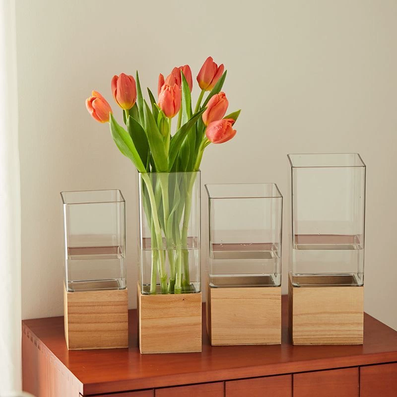 Ваза с деревянной подставкой с высокой прозрачной стеклянной защитой от падения ПЭТ прозрачная ваза с толстым круглым квадратным столешницей