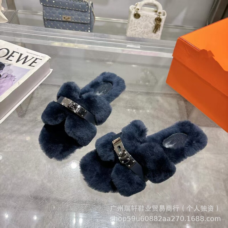 欧站外贸2025新款高端高颜值金属扣毛毛拖鞋女皮毛一体外穿一字拖|undefined