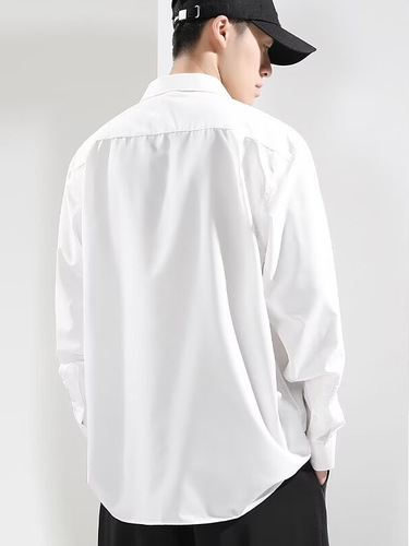 Men's Long-Sleeve Summer Ice Silk Shirt, White Casual Collared Shirt, Loose Plus Size, Flowy, 2024 High-End Thin Shirt