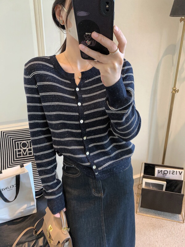 羊毛针织开衫女2025新款秋季女装韩版时尚圆领条纹长袖打底上衣女|undefined