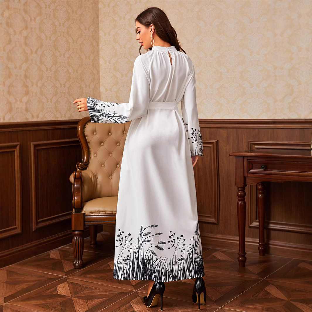 Grenzüberschreitendes Frühlings- und Herbstkleid für den Außenhandel, heiß begehrt, nahöstliches arabisches bedrucktes langes Kleid mit Gürtel, Rundhalsausschnitt und langem Kragen_voghion.com