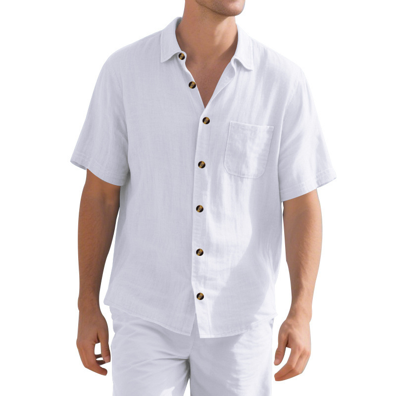 Transfronterizos Amazon hombre verano sólido con lazo de cuello corto Cardigan de manga corta camisa de vacaciones Casual comercio exterior hombre