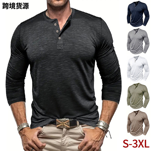 Spring and Autumn Men's T-Shirt Thin Style American Youth Fit Henley Shirt Long Sleeve T-Shirt for Men Bamboo Cotton High Elastic Quick-Drying Clothing