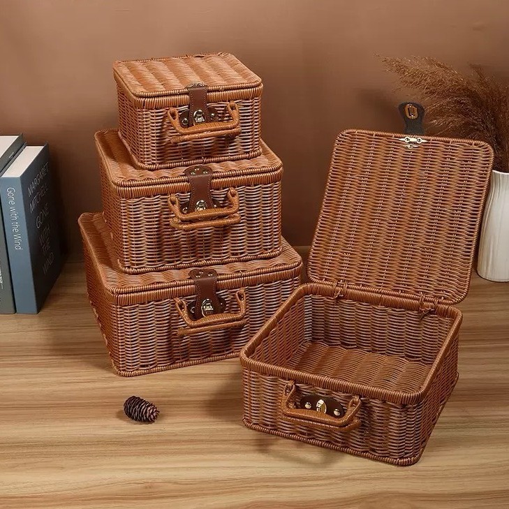 Tejido imitación de caña de bodas regalo de mano de alta calidad caja de almacenamiento cesta de picnic maleta retro caja de prensa fría antigua