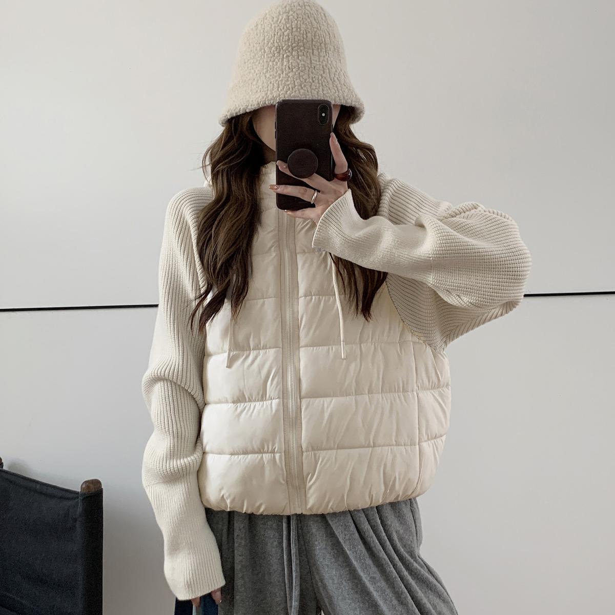 2025 invierno nuevo hombre pequeño casual de algodón con capuzas coreana abrigo corto falso de dos piezas de algodón de manga de empalme