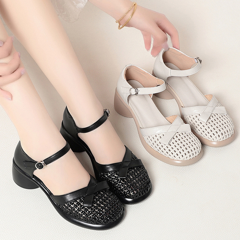 Sandal hở mũi nữ quai ngang da thật đế dày — màu be