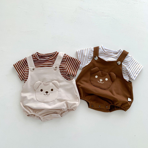 Baby Korean style ins style summer short-sleeved hoodie, newborn male and female baby cartoon sling one-piece crawling suit