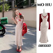 夏季小个子套装 韩版新款甜美纯欲碎花吊带连衣裙+红色开衫两件套