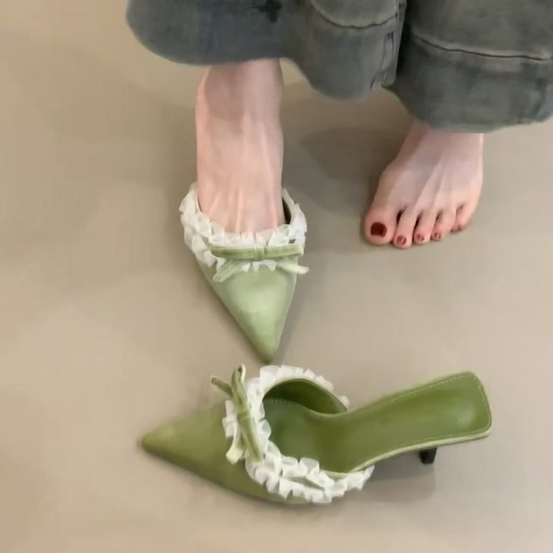 Forest-Style Green Lace Pointed-Toe 2026 New Fashion Sandals for Women, with Bowknot, Thin Heel, and Velvet High Heels Forest-Style Green Lace Pointed-Toe 2026 New Fashion Sandals for Women, with Bowknot, Thin Heel, and Velvet High Heels