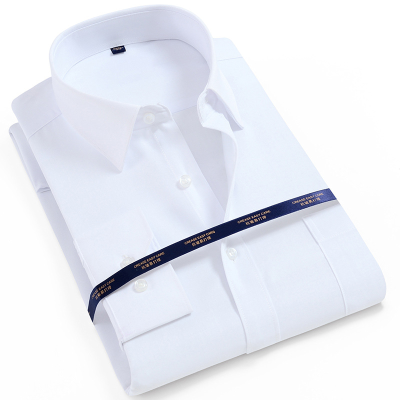 Men's Long-Sleeved White Shirt, Business Casual Formal Wear, White-Collar Professional Leader Style, Unisex, Non-Iron Treatment, Turn-Down Collar