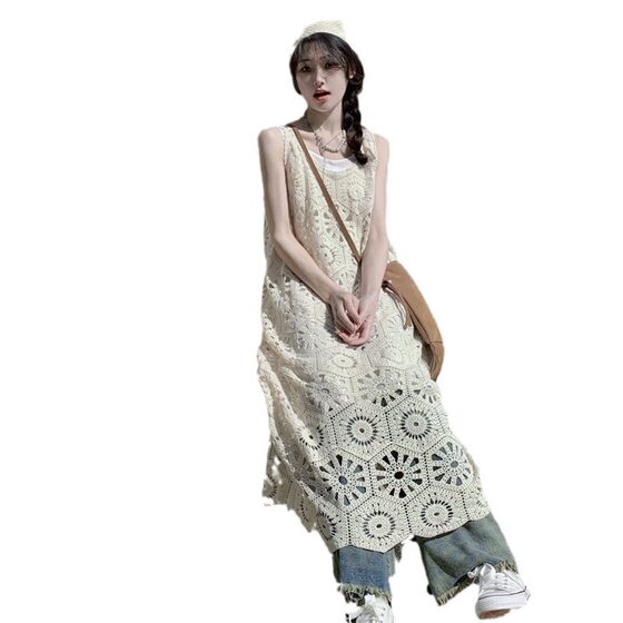 Japanese style hollow-out crocheted cotton and linen vest skirt loose stacked cover skirt half open V-neck sweet outer wear sleeveless dress