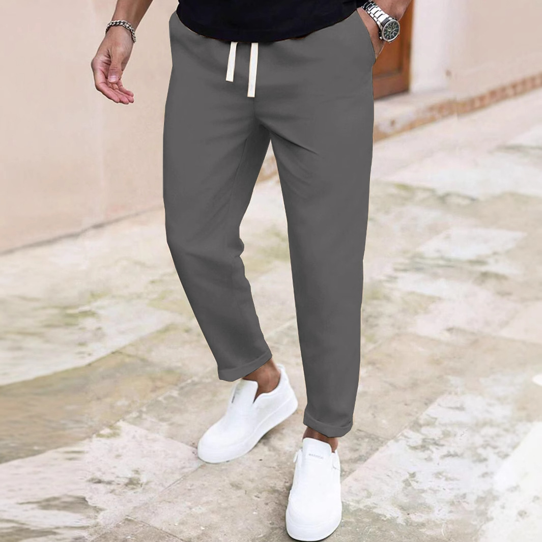 "Men's Slim Fit Casual Pants - Solid Color Drawstring Waist, Lightweight Polyester For Everyday Comfort & Street Style"_viptrois.com