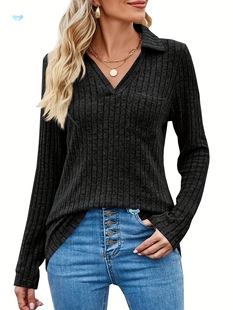 Women's V Neck Long Sleeve Polo t Shirts Collared Loose Cross-Border