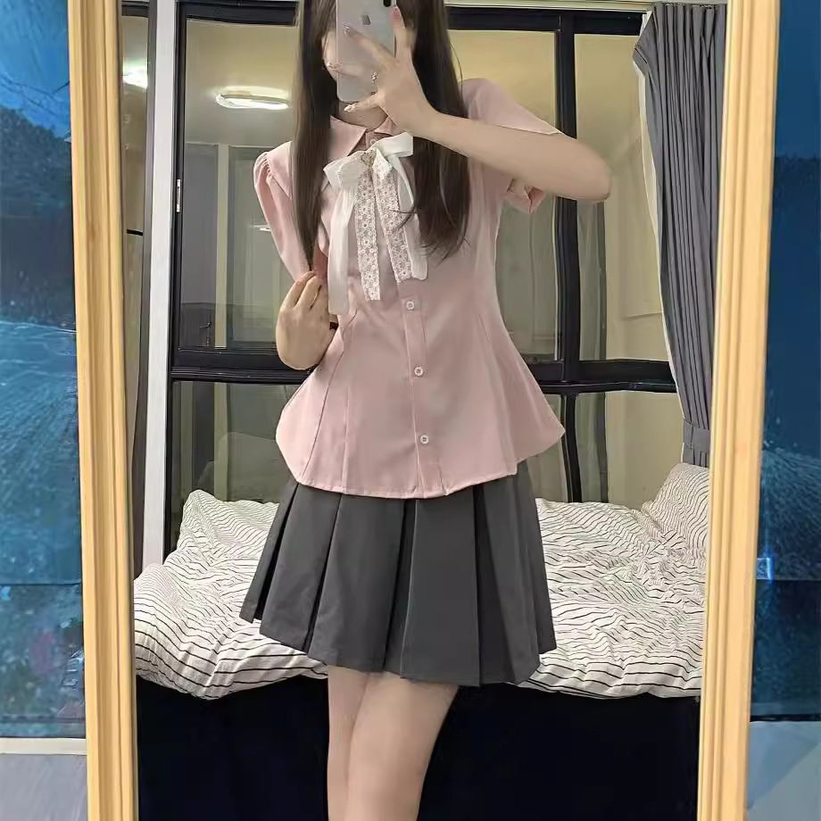 새로운 도착 핑크 달콤한 소녀 허리 셔츠 상자 주름 치마 JK 유니폼 세트 단색 한국 나비 넥타이 여름