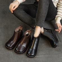 头层牛皮新款马丁靴秋冬新款加绒厚底坡跟轻便复古手工原创女棉靴