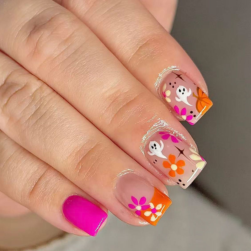 Short Square Nails with Cute Flowers and Ghost Designs for Halloween, Sweet Pink Nails, Cross-Border Wearable Nails Short Square Nails with Cute Flowers and Ghost Designs for Halloween, Sweet Pink Nails, Cross-Border Wearable Nails