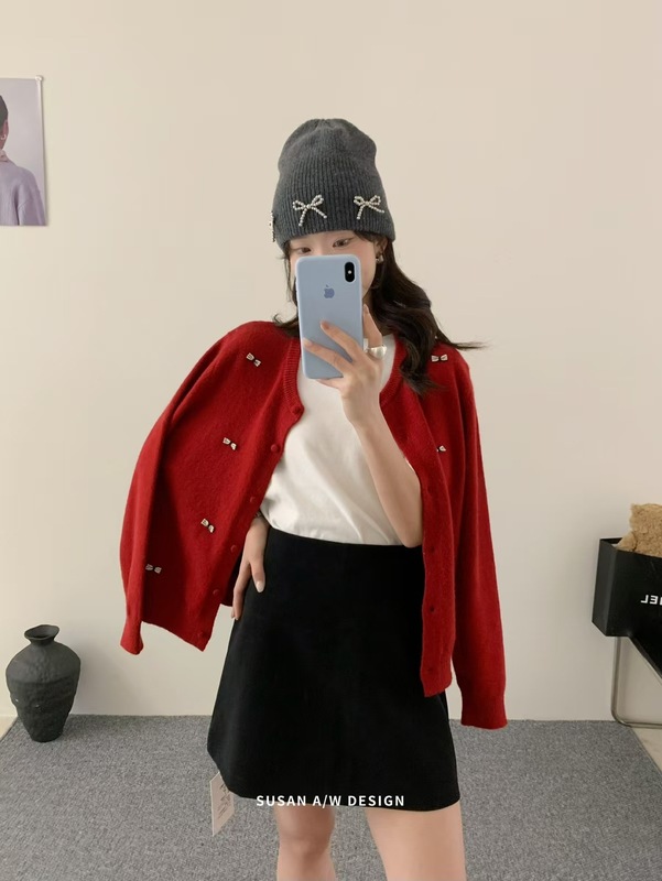 苏珊 小众蝴蝶结装饰针织开衫女韩版宽松时尚温柔风圆领毛衣26980|undefined