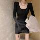 Pure desire new women's clothing black square collar dress tight waist slimming hot girl hip skirt pure desire style bottoming skirt