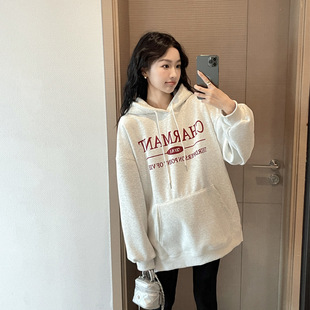 Autumn and Winter maternity clothing Korean style hooded sweater for pregnant women mid-length loose plus size casual letter top fleece-lined thickened
