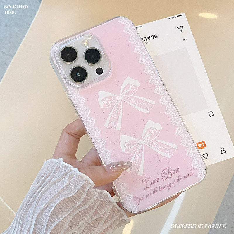 Apple 16PM かわいい 13 携帯電話ケース iphone15pro に適した二層 IMD レースリボンガールズパウダー|undefined