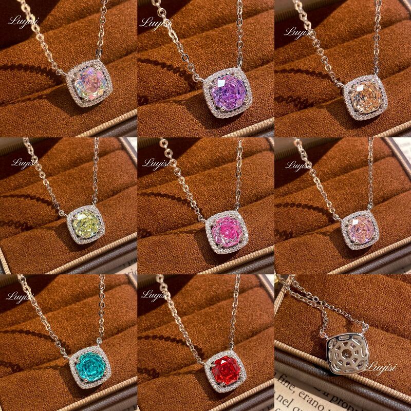 Octagonal Millennium Rose Cut Paraiba Pendant Necklace for Women with High Carbon Diamond Colorful Diamond Rose Collarbone Chain