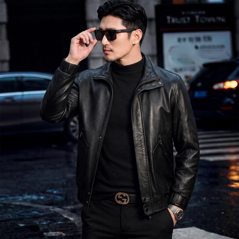 Haining genuine leather jacket for men, autumn and winter top-layer cowhide pure leather jacket, down jacket with stand-up collar, American casual coat Haining genuine leather jacket for men, autumn and winter top-layer cowhide pure leather jacket, down jacket with stand-up collar, American casual coat