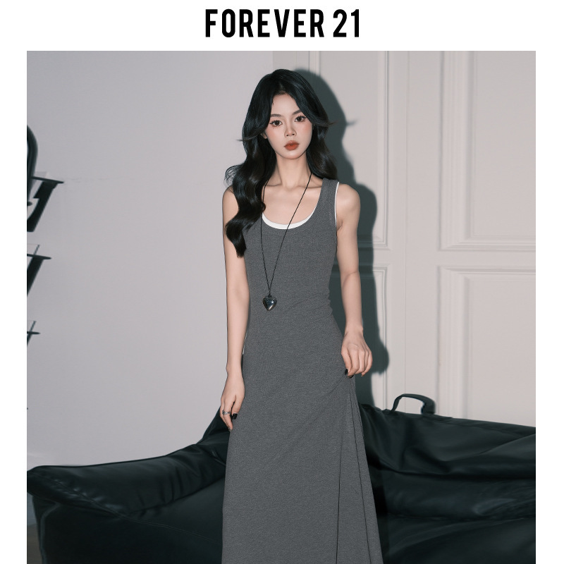 Forever 21气质休闲假两件A字连衣裙女黑色U领拼接包臀背心长裙子|undefined