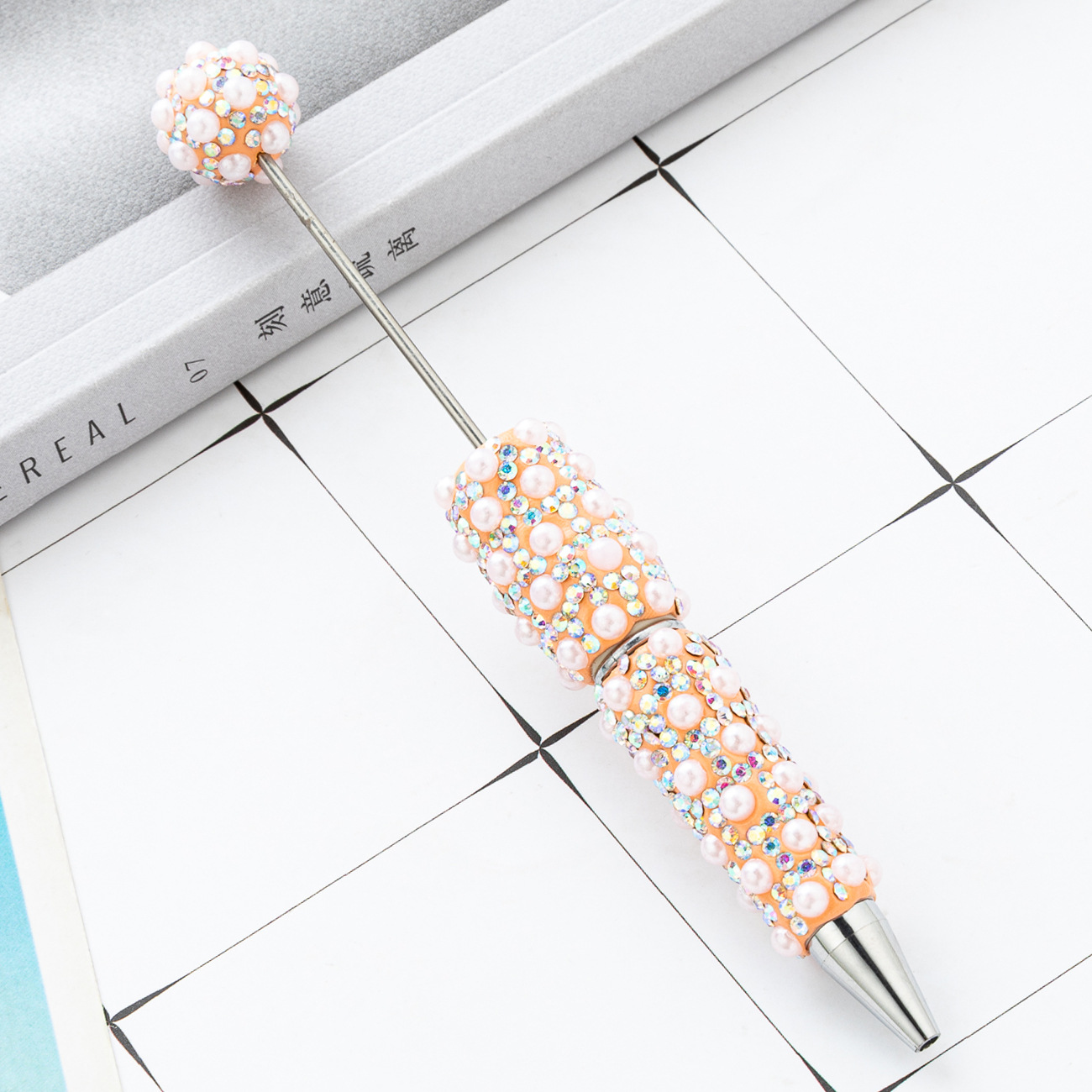 Bolígrafo con cuentas de perlas lleno de diamantes de bricolaje, bolígrafo con cuentas de perlas de diamantes pegados a mano, bolígrafo con cuentas de plástico multicolor