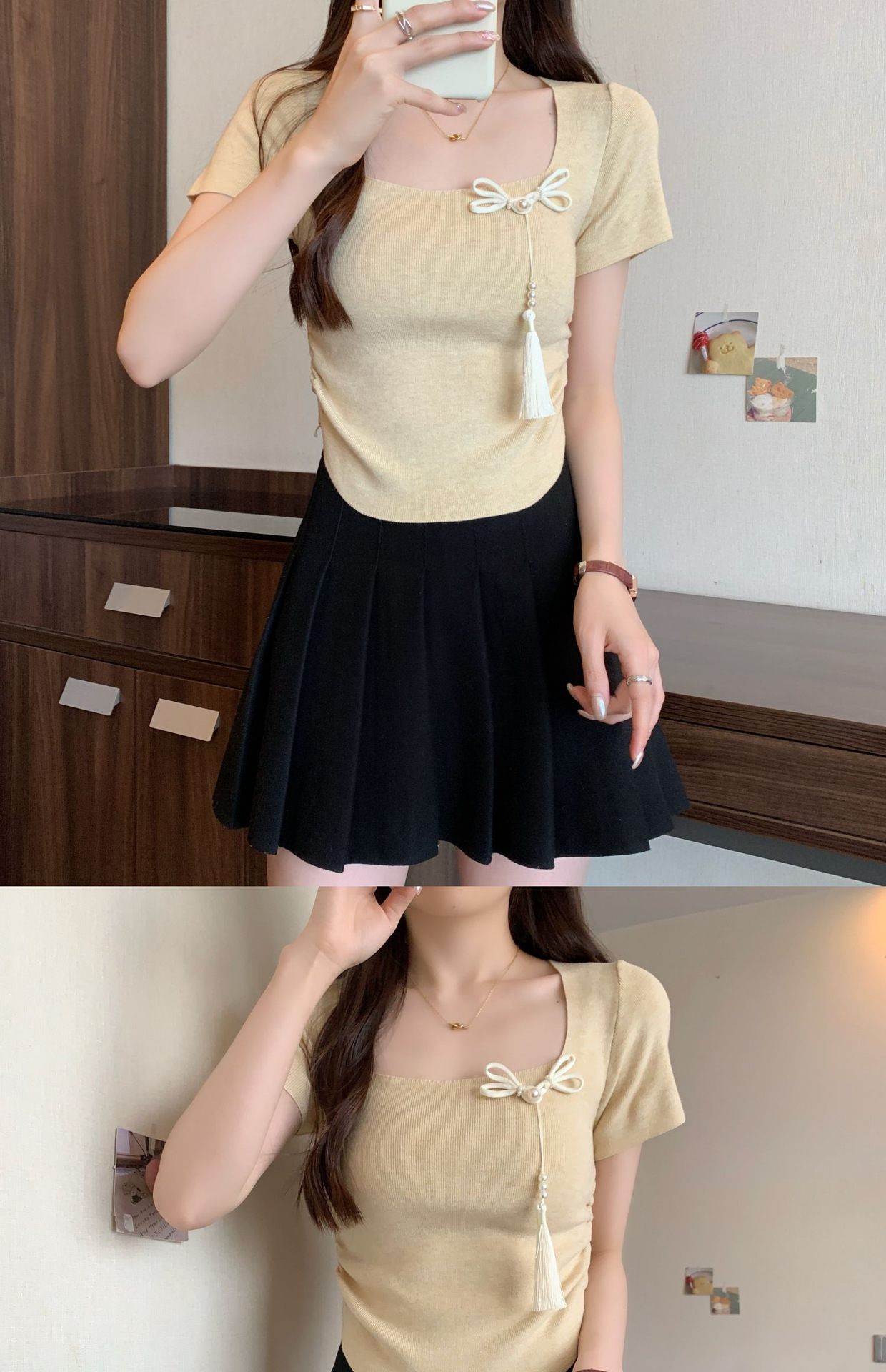 Nov poletni dizajn z naramnicami, nepravilna majica s kratkimi rokavi v kitajskem slogu, ženska pletena majica s kratkimi rokavi in ​​oglatim izrezom._voghion.com