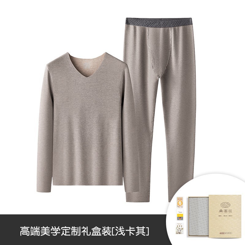 Conjunto de ropa interior térmica de lana y seda con cuello en V para hombre, otoño e invierno, con forro polar y capa base gruesa.