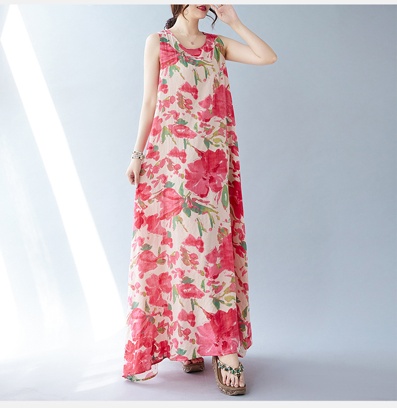 Real Shot Of The 2024 Summer New Bohemian Artistic Loose Sleeveless Round-neck Printed Mid-length Dress For Women_ecoleips.com