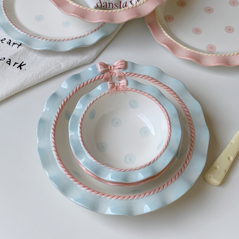 Underglaze Polka Dot Bowl, Cute Bow Lace Round Bowl, Afternoon Tea Photo Tableware, Popular Girly Heart Yogurt Bowl Underglaze Polka Dot Bowl, Cute Bow Lace Round Bowl, Afternoon Tea Photo Tableware, Popular Girly Heart Yogurt Bowl