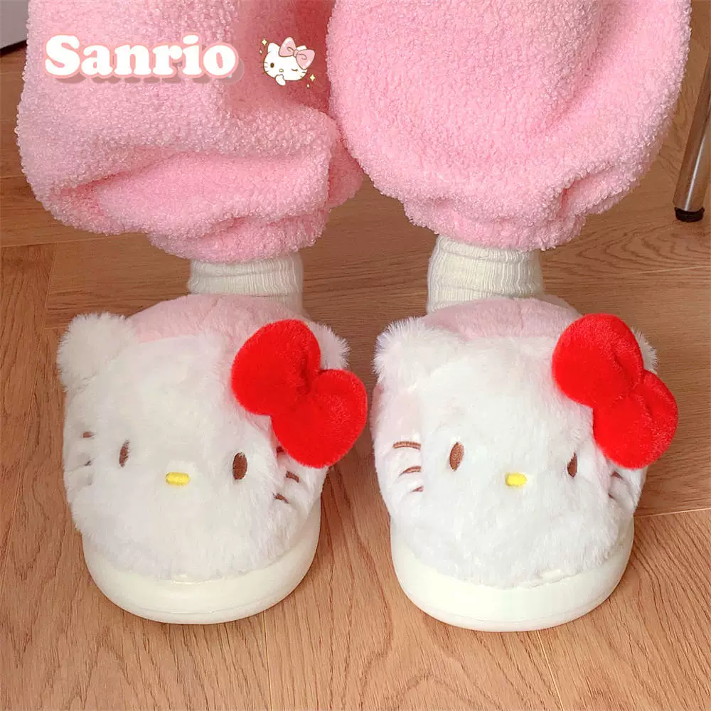 Плюшевые детские тапочки Hello Kitty, полуоткрытая пятка, светло‑розовые, размеры 30–35