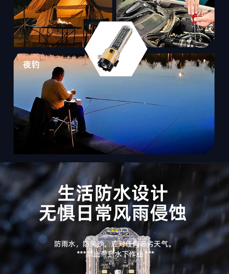 Cross-Border New Model White Laser Flashlight with Hammer, Multifunctional Outdoor Vehicle-Mounted Emergency Roller Zoom, Multi-Scenario Alarm