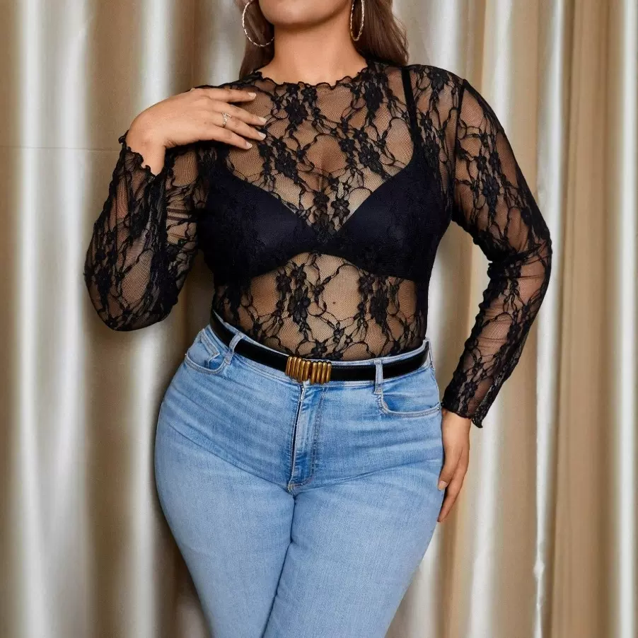 加大码女式欧美跨境性感紧身透明蕾丝长袖上衣高领 T 恤汗衫春/秋