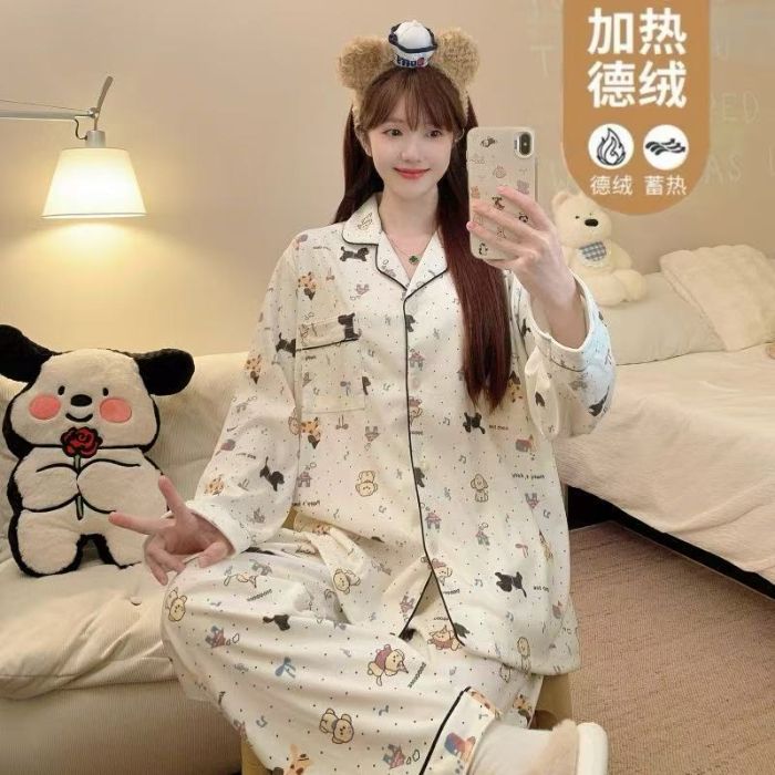 Otoño y invierno al por mayor transfronterizo explosión de doble cara de terciopelo térmico pijama de mujer dulce caricatura lindos cardigans conjunto de ropa para el hogar