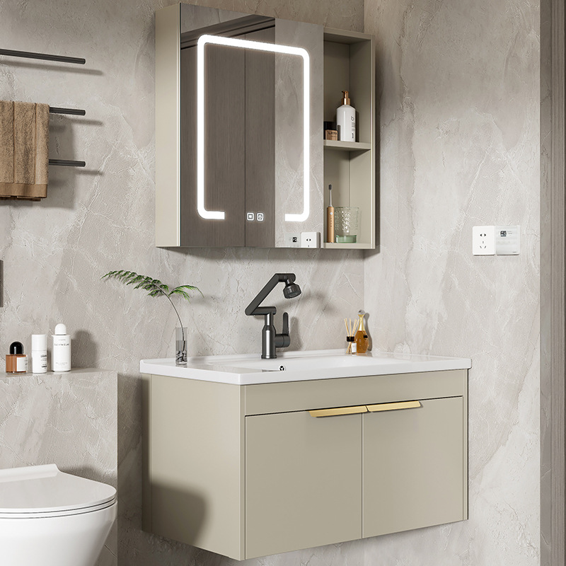 gabinete de baño de aluminio de roca espacial lavabo cerámico todo en uno lavabo lava