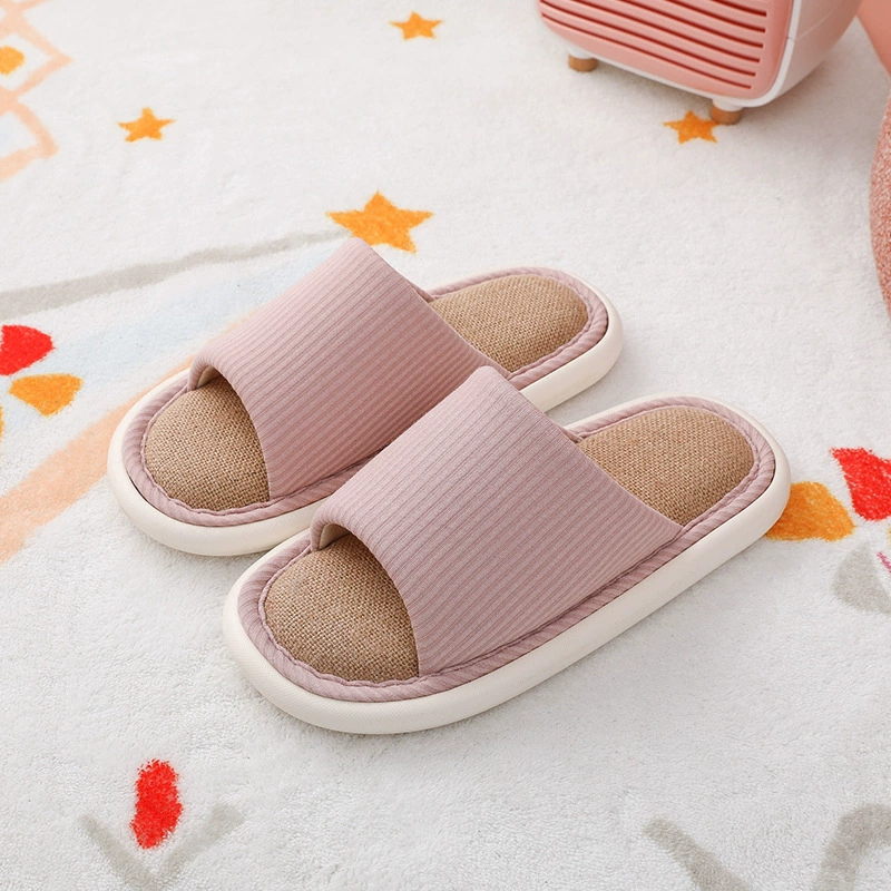 Four Seasons Домашние льняные тапочки женские бесшумные противоскользящие и дышащие всасывающие пот новые пары полосатые мягкие подошвы носить мужские тапочки