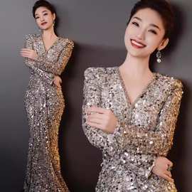 宴会晚礼服裙女2026新款气质轻奢小众主持人鱼尾亮片高级感主持人
