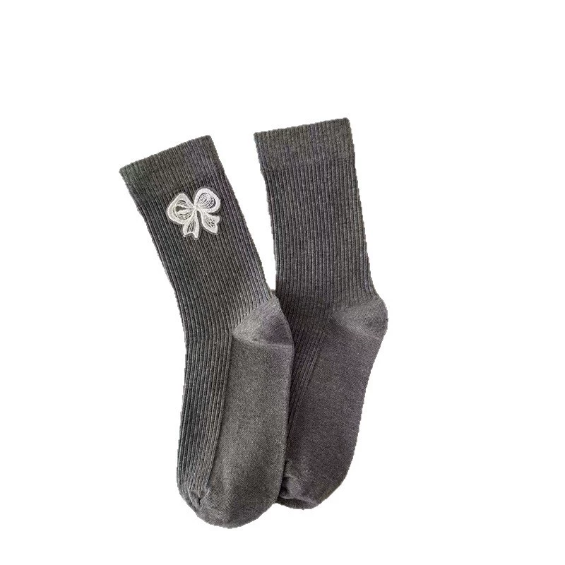 Lace cotton knee socks with bow, mid-length